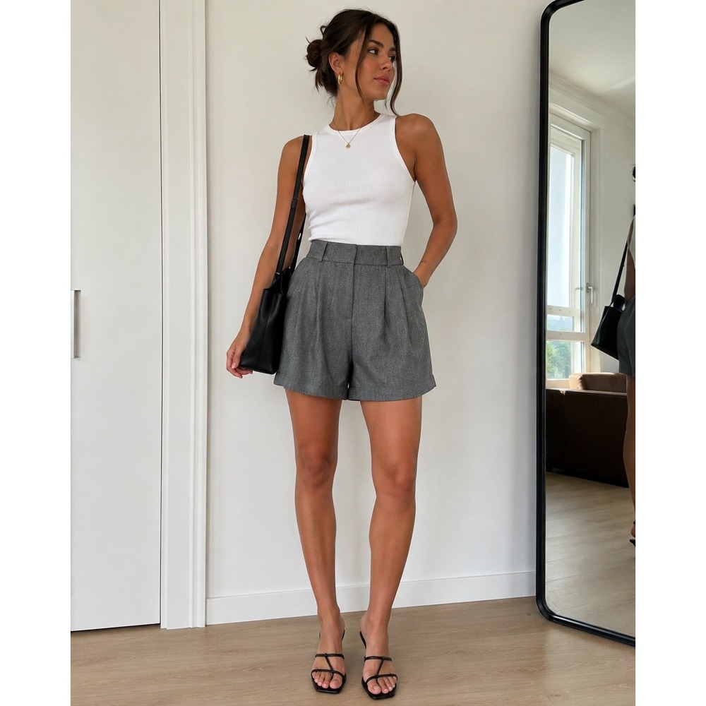 Commense Gray High-Waisted Tailored Dress Shorts Pleated Office Career Size M